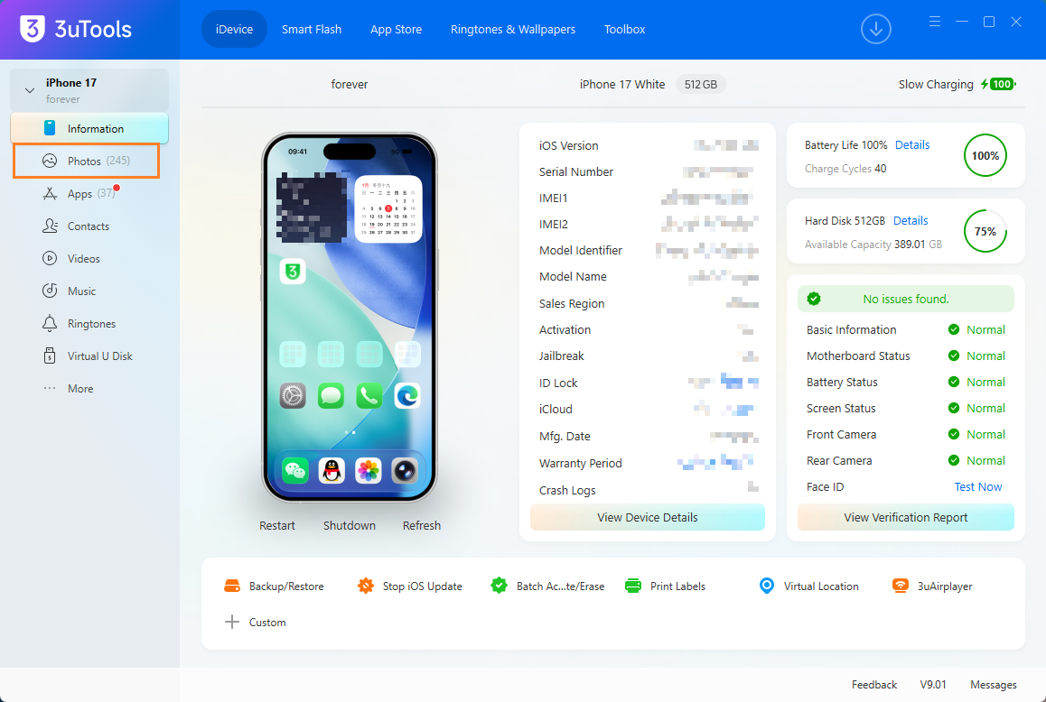 使用数据线连接 Windows 和 iPhone 后 3uTools 的 Information 界面