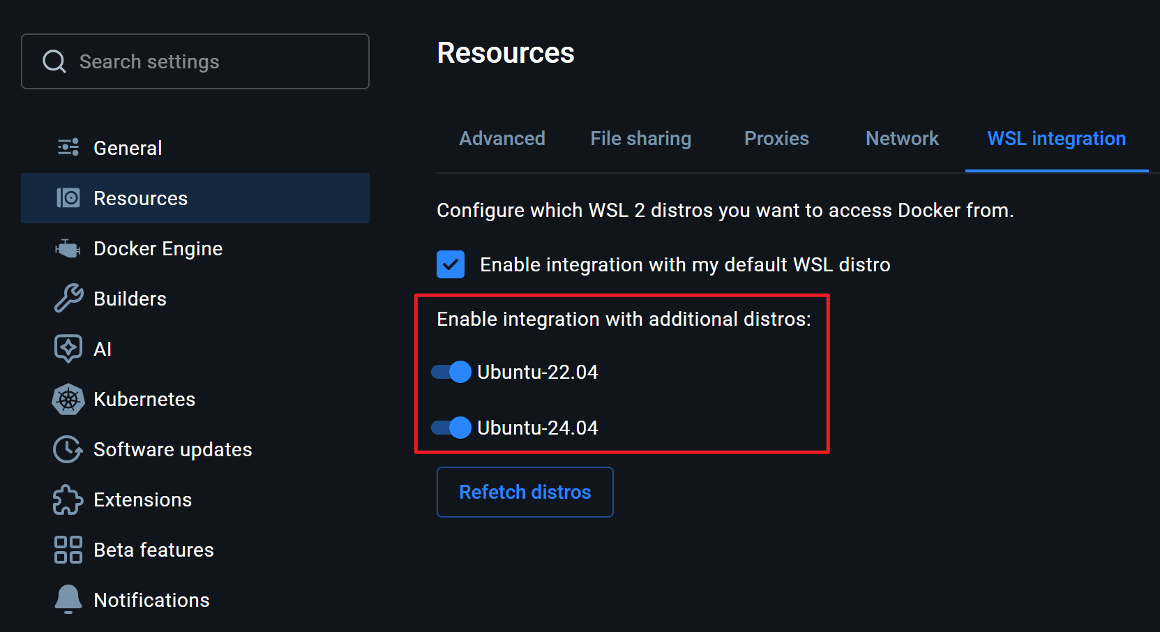 在 Settings >> Resources >> WSL integration 中勾选对应的 Linux 发行版